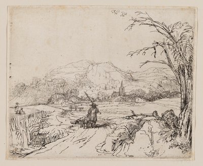 Landskap med idrottsman och hundar av Rembrandt van Rijn