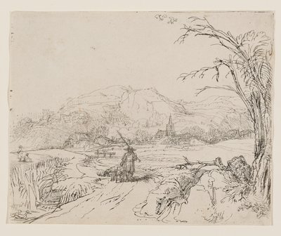 Landskap med jägare och hundar av Rembrandt van Rijn