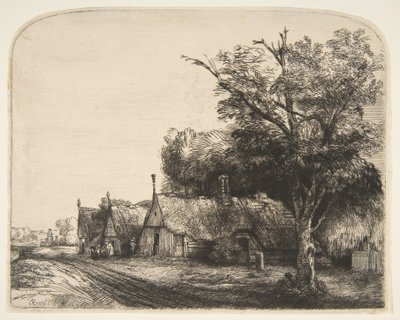 Landskap med tre gavelstugor bredvid en väg, 1650. av Rembrandt van Rijn