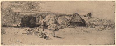 Landskap med träd, gårdsbyggnader och ett torn av Rembrandt van Rijn
