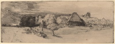 Landskap med träd, gårdsbyggnader och ett torn av Rembrandt van Rijn