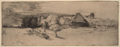 Landskap med träd, lantbruksbyggnader och ett torn av Rembrandt van Rijn