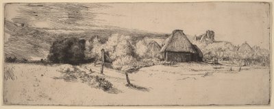 Landskap med träd, lantbruksbyggnader och ett torn av Rembrandt van Rijn