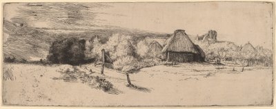Landskap med träd, gårdsbyggnader och ett torn, ca. 1651. av Rembrandt van Rijn
