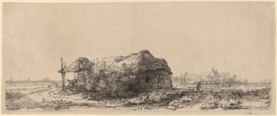 Landskap med stuga och hölada: avlångt av Rembrandt van Rijn