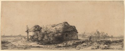 Landskap med stuga och hölada: avlångt av Rembrandt van Rijn