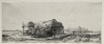 Landskap med stuga och hölada: avlångt av Rembrandt van Rijn