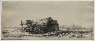 Landskap med stuga och hölada: Avlångt, 1641. av Rembrandt van Rijn