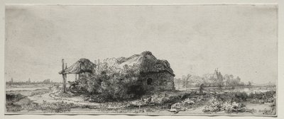 Landskap med stuga och hölada: Avlångt, 1641. av Rembrandt van Rijn