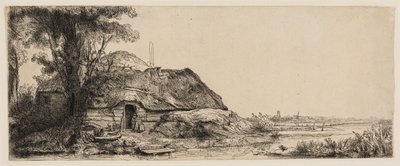 Landskap med en stuga och ett stort träd av Rembrandt van Rijn