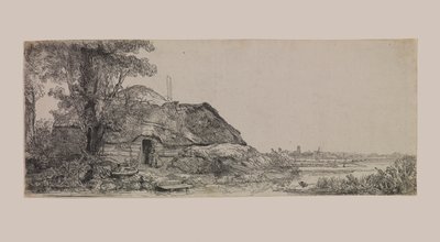 Landskap med en stuga och ett stort träd av Rembrandt van Rijn