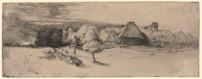 Landskap med en gårdsbyggnad och "Huset med tornet" av Rembrandt van Rijn