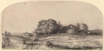 Landskap med en hölada och en fårflock av Rembrandt van Rijn
