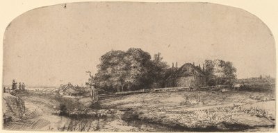 Landskap med en hölada och en fårflock av Rembrandt van Rijn