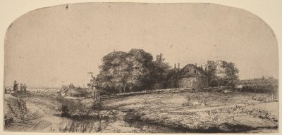 Landskap med en höskulle och en fårflock av Rembrandt van Rijn