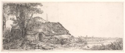 Landskap med en stuga och ett stort träd av Rembrandt van Rijn