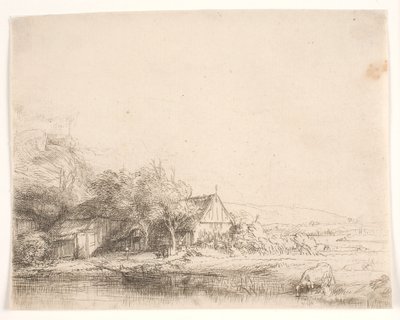 Landskap med en ko som dricker av Rembrandt van Rijn