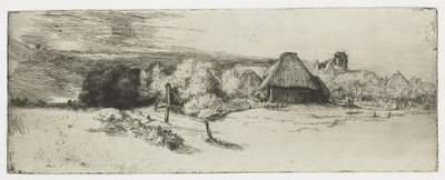 Landskap med en gårdsbyggnad och "huset med tornet" av Rembrandt van Rijn