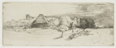 Landskap med en gårdsbyggnad och ”huset med tornet” av Rembrandt van Rijn