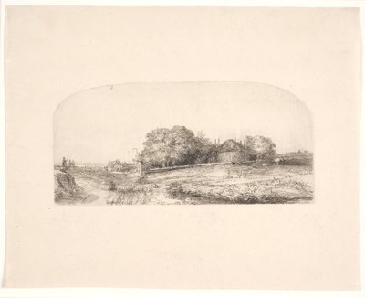 Landskap med en höskulle och en fårflock av Rembrandt van Rijn