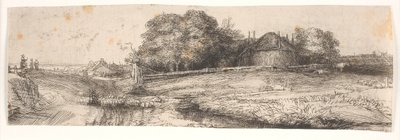 Landskap med en höskulle och en fårflock av Rembrandt van Rijn