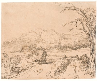 Landskap med en jägare och hundar av Rembrandt van Rijn