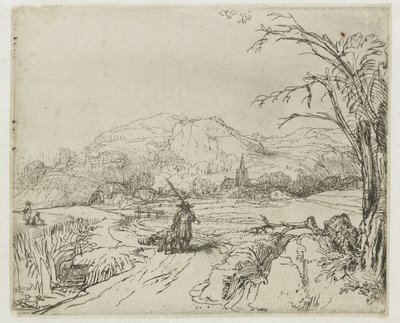 Landskap med en jägare och hundar av Rembrandt van Rijn