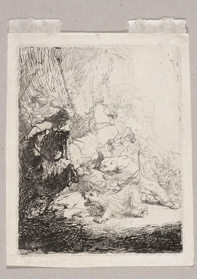 En liten lejonjakt (med två lejon) av Rembrandt van Rijn