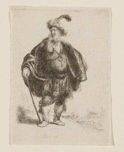 Stående man i orientalisk dräkt och pälsmössa med fjädrar av Rembrandt van Rijn