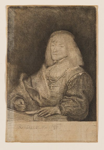 Man vid ett skrivbord, med ett kors och en kedja av Rembrandt van Rijn