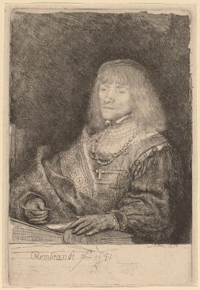 Man vid ett skrivbord som bär ett kors och en kedja av Rembrandt van Rijn