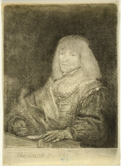 Man vid ett skrivbord som bär ett kors och en kedja av Rembrandt van Rijn