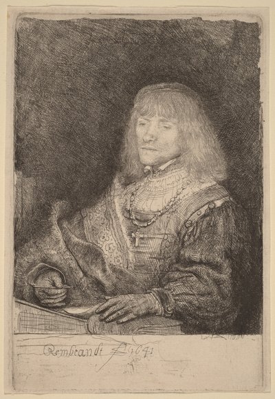 En man vid ett skrivbord som bär ett kors och en kedja av Rembrandt van Rijn