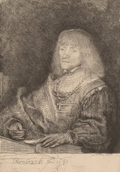 Man vid ett skrivbord med kors och kedja, 1641. av Rembrandt van Rijn