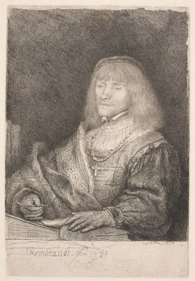 Man vid ett skrivbord, med ett kors och en kedja av Rembrandt van Rijn