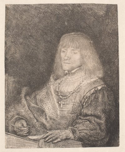 Man vid ett skrivbord, med ett kors och en kedja av Rembrandt van Rijn