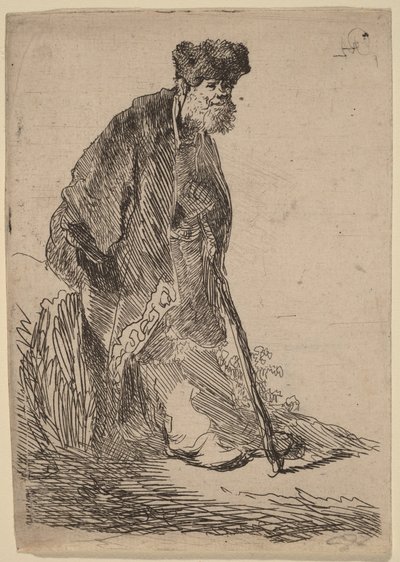 En man i rock och pälsmössa som lutar sig mot en bänk av Rembrandt van Rijn