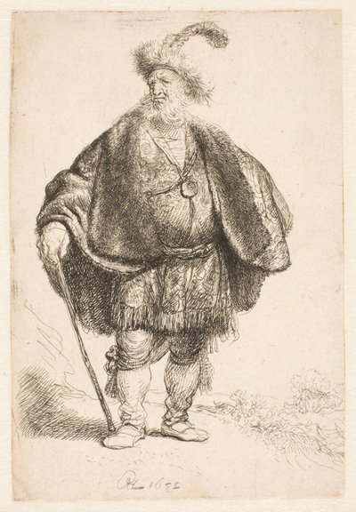 Man klädd i orientalisk dräkt och pälsmössa med fjädrar av Rembrandt van Rijn