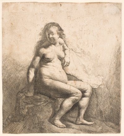 En naken kvinna som sitter på en kulle av Rembrandt van Rijn