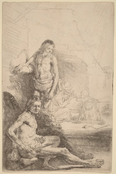 Sittande naken man och stående naken man, med en kvinna och ett spädbarn i bakgrunden av Rembrandt van Rijn