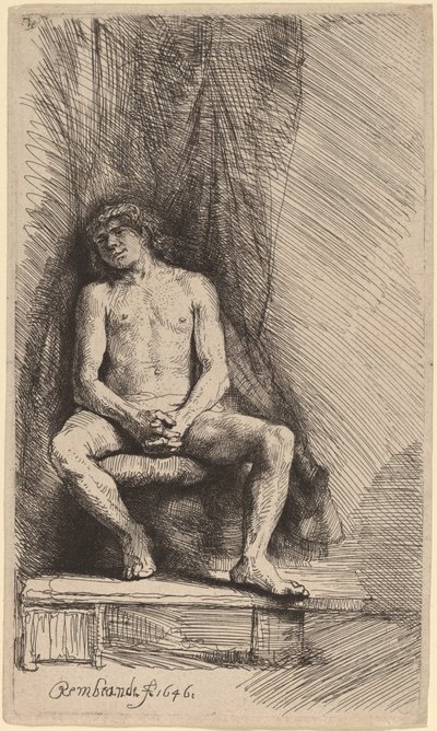 Naken man sitter framför en gardin av Rembrandt van Rijn