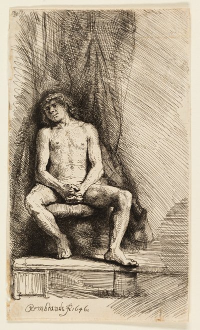 Naken man som sitter framför en gardin av Rembrandt van Rijn