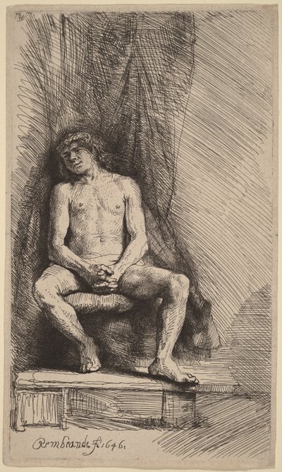 Naken man sittande framför en gardin av Rembrandt van Rijn
