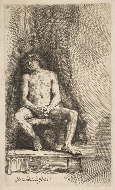 Naken man sittande framför en ridå, 1646. av Rembrandt van Rijn