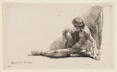 Naken man sittande på marken med ett ben förlängt av Rembrandt van Rijn