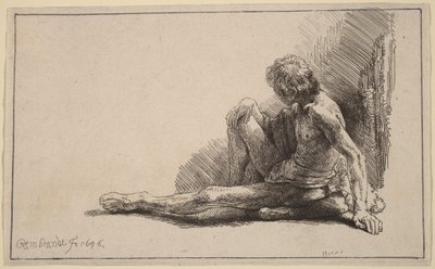 Naken man sittande på marken med ett ben utsträckt av Rembrandt van Rijn