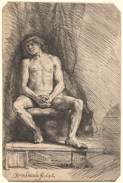 Naken man sittande framför en gardin (BB.46-Bi) av Rembrandt van Rijn