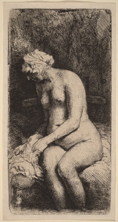 Naken kvinna sittande på en bänk med en kudde (Kvinna som tvättar fötterna vid en bäck) av Rembrandt van Rijn