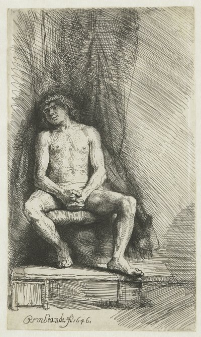 Naken ung man, sittande framför en gardin Naken man som sitter framför en gardin av Rembrandt van Rijn