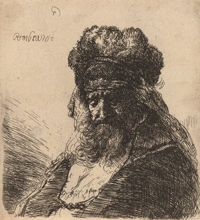 Gammal skäggig man i en hög pälsmössa, med slutna ögon, ca. 1635. av Rembrandt van Rijn